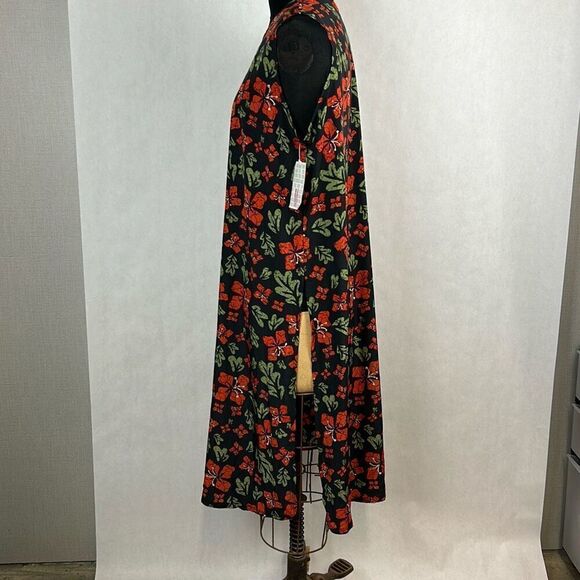NEW Floral Kimono Long Vest Sleeveless Black Red Flowers Green Leaves Sz M Joy - Picture 5 of 7